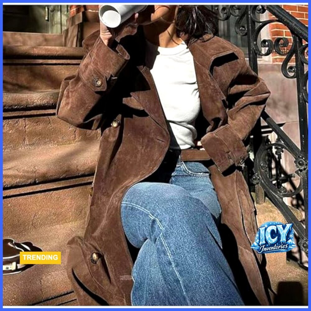 Faux Suede Long Trench Coat Notched Lapel Double Breasted Pea Coat with Belt - Picture 5 of 7